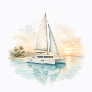 Ilustração de um catamarã ao pôr do sol