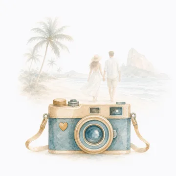 Ilustração de uma câmera fotográfica e o casal
