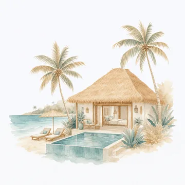 Ilustração de um hotel à beira-mar