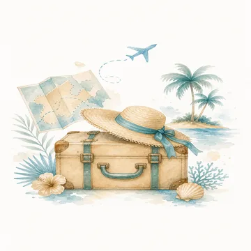 Ilustração de uma mala de viagem e chapéu