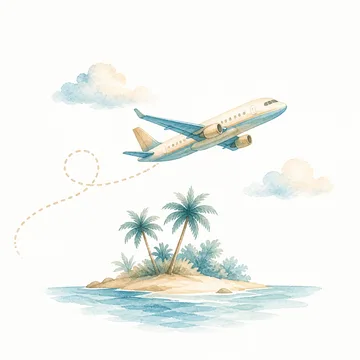 Ilustração de um avião sobrevoando uma ilha